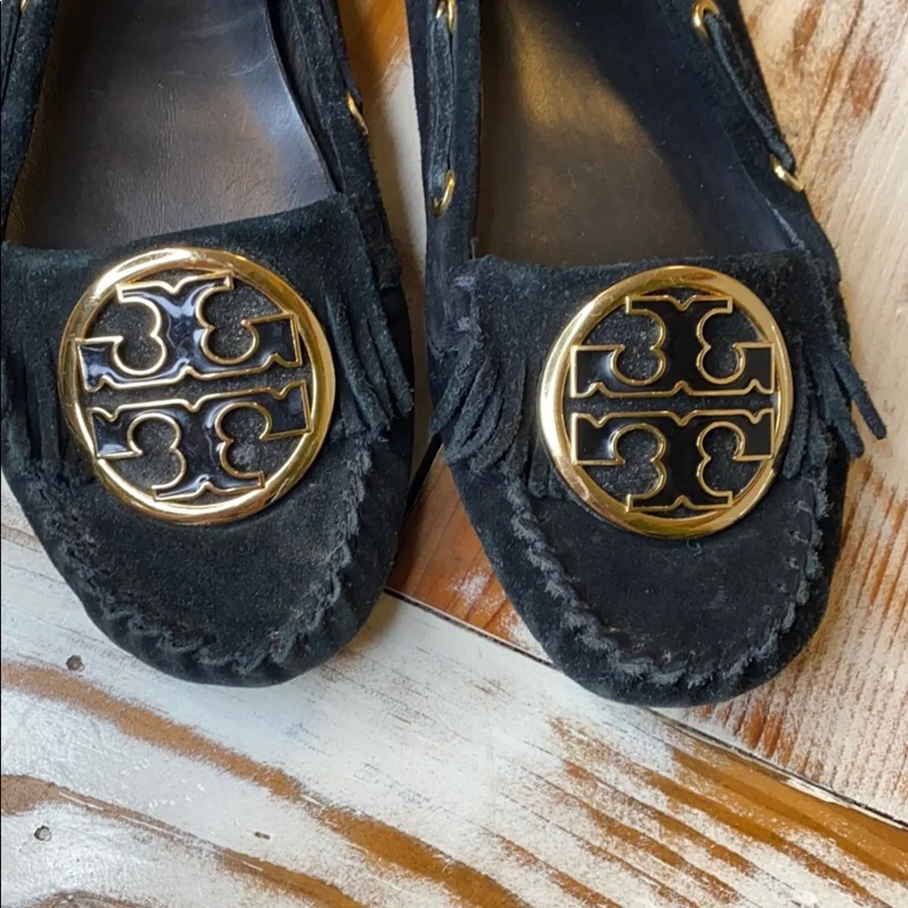 Tory Burch Black Gold Logo Suede Leather Loafer Shoes Size 6.5
